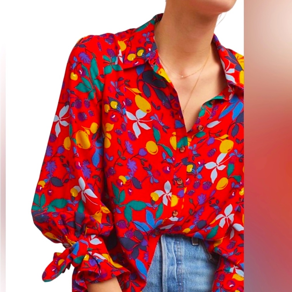 Anthropology Maeve button up blouse. Ribbon tied wrists. Size 14